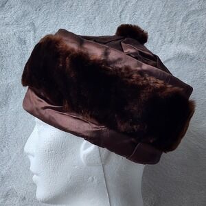 VTG 1950s 60s Chocolate Brown Satin Faux Fur Hat Pom Pom Pillbox Mid Century Mod